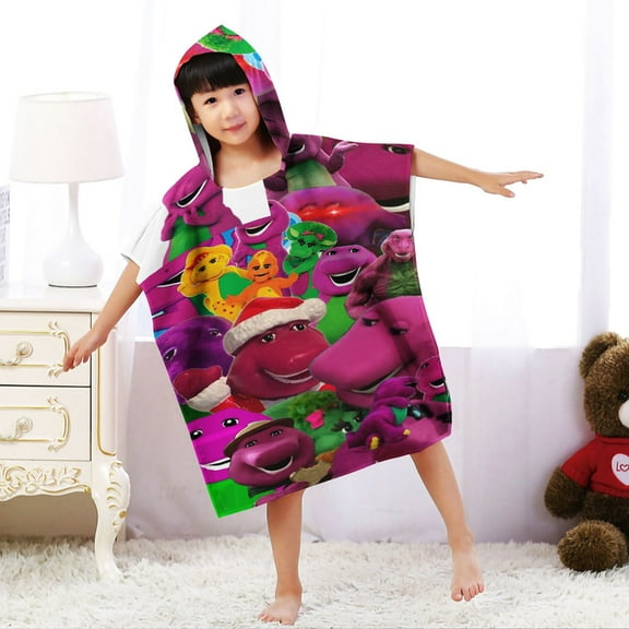 Barney & Friends Hooded Poncho Towels, Soft & Absorbent Microfiber Beach Towel, Swimming Pool Changing Robe Bathrobe Bath Towel