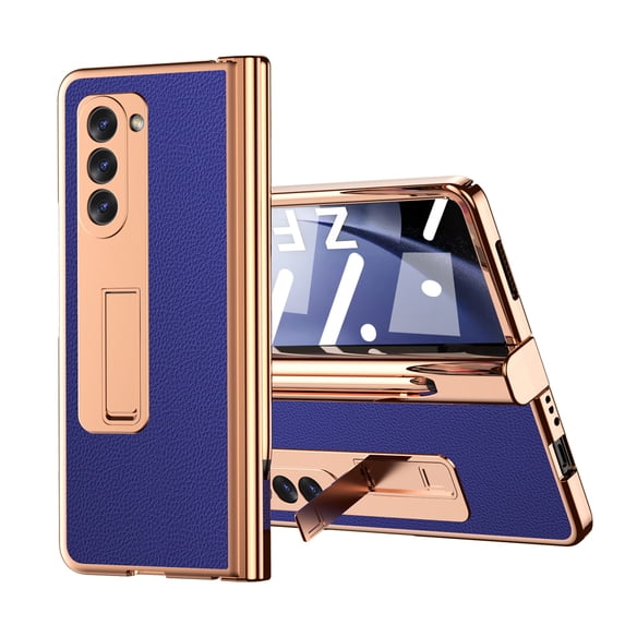 SaniMore Case for Samusng Galaxy Z Fold 5 6.7" 2023, Leather Skin Platng Frame Hinge Protection Screen Ptotector Hidden Kickstand Pen Slot All-inclusive Heavy Duty Protective Case for Z Fold 5, Blue