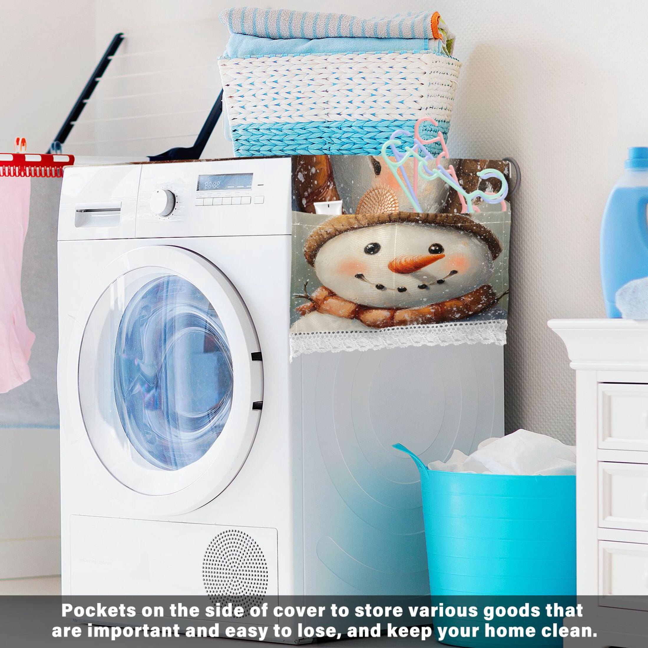 Snowman HhostatWasher and Dryer Covers Dust-Proof and Oil Resistant Fridge Cover with 4 Storage Pockets Washing Machine Top Cover for Laundry Kitchen Home 51.2 x 22 In