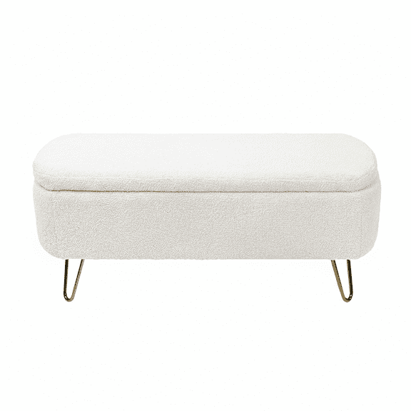 Ivory White Faux Fur Storage Ottoman Bench with Gold Legs for End of Bed