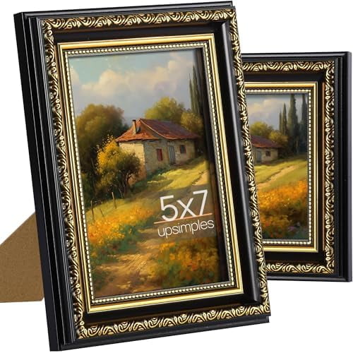 5x7 Picture Frame with Real Glass, Ornate Vintage 5 x 7 Photo Frames for Wall Decor or Tabletop Display, Black and Gold, 2 Pack
