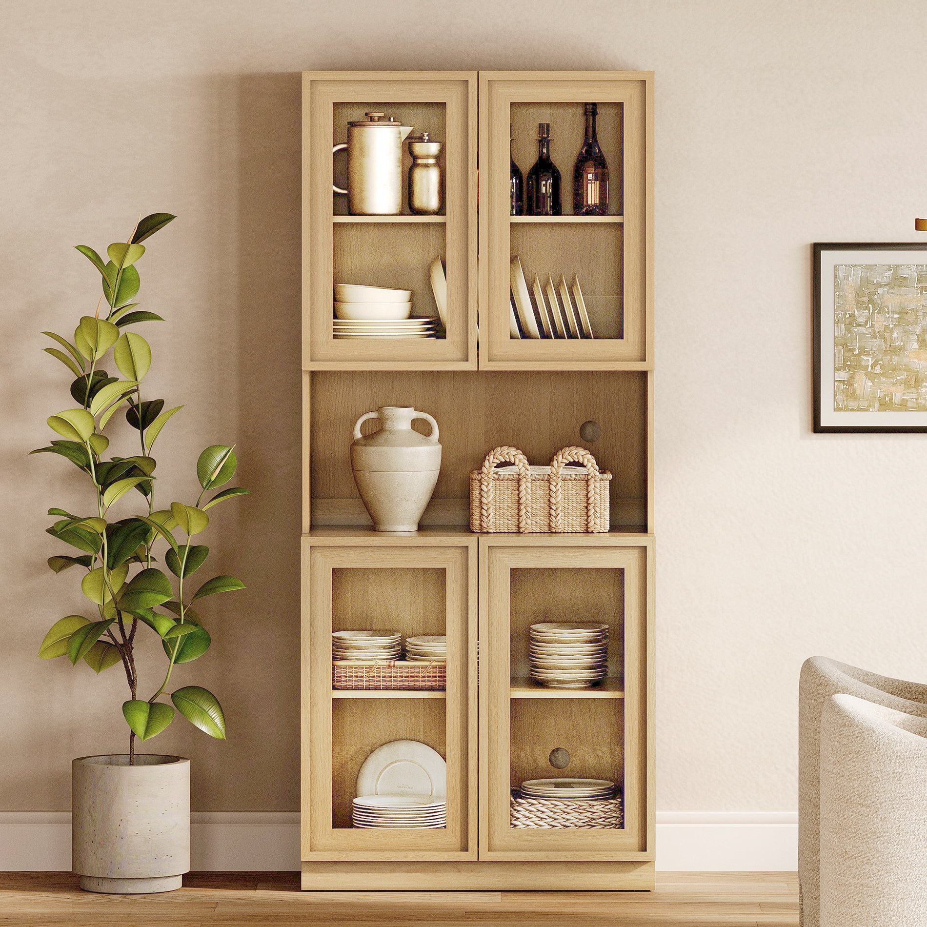 72" Tall Modern Sideboard Buffet Cabinet, Glass Door Storage Cabinet with Adjustable Shelves, Layered Wood Console Cabinet for Dining Room,Living Room, Entryway,Oak