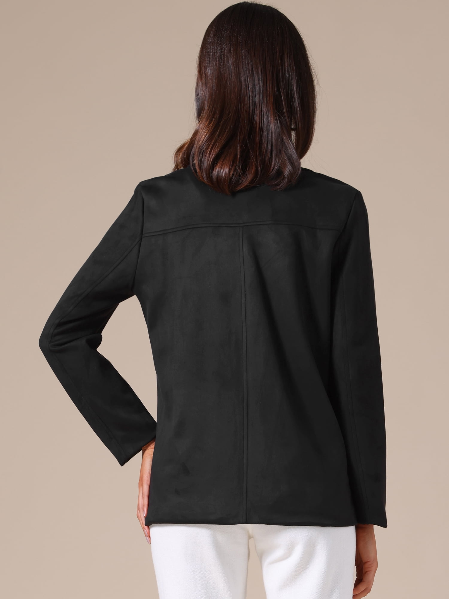 DARING DIVA Women's Faux Suede Lapel Open Front Long Sleeve Blazer Jacket L Black