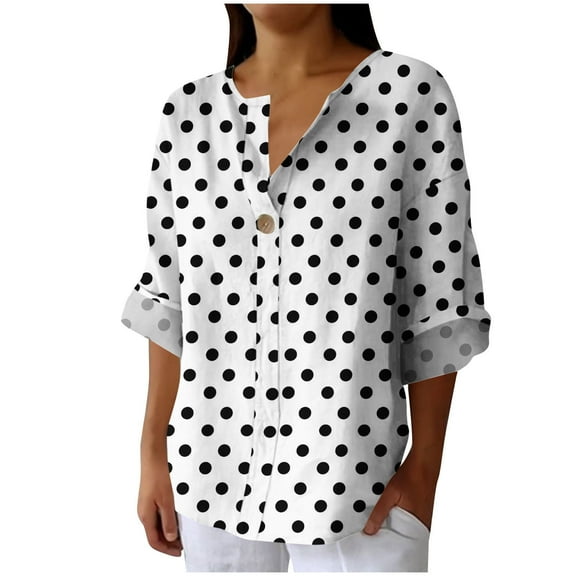 UAMVSH T Shirt Shirts for Women Long Sleeve Cotton Linen Casual Tops Trendy Printed Long Sleeve Button Vacation Work Tee Blouses(X-Large,White 1)