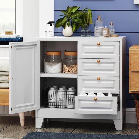 Bathroom Floor Cabinet, Wooden Storage Organizer with 4 Drawers & 1 Door, Free-Standing Cupboard for Bathroom & Kitchen, White
