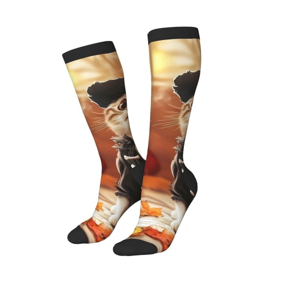 Knee High Socks for Women Men Athletic - Halloween Cute Cat and Dog k Thigh-High Black Sole Comfort Breathable Long Socks for Casual Travel Running