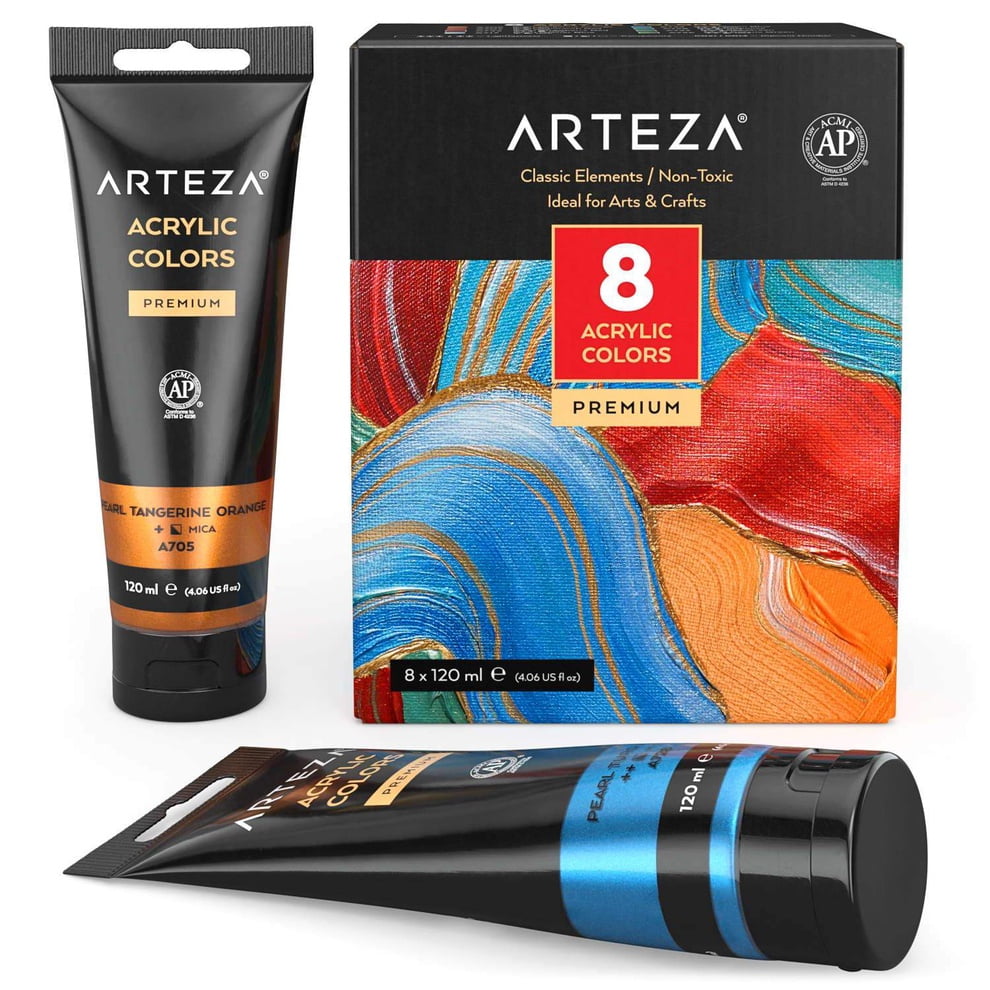 ARTEZA Metallic Acrylic Paint, Classic Elements, 4oz/120ml, set of 8