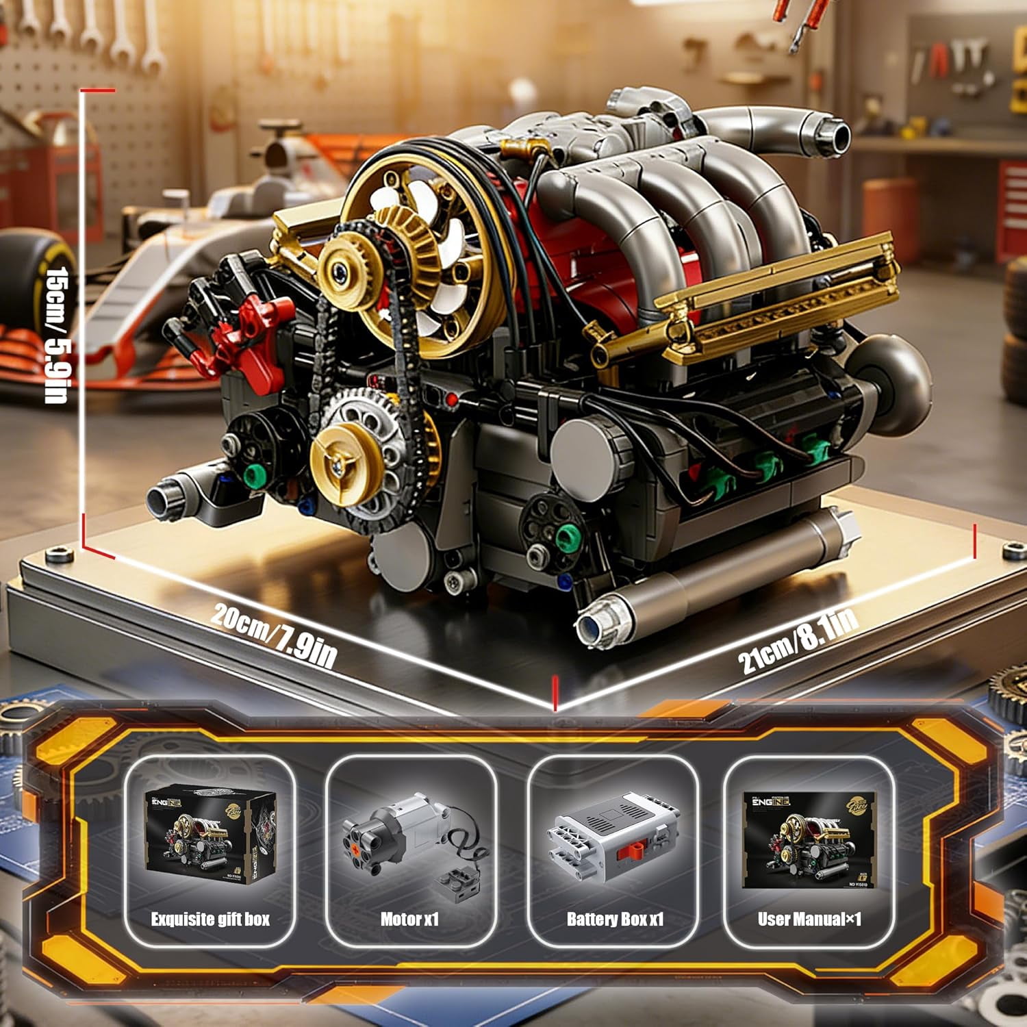 H6 Model Engine Kit that Runs,H6 Engine Building Block Kit 879 PCS, Build Your Own Visible STEM Car Engine with Motor, Physical Science Educational Toy