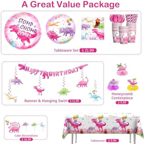 181pcs Pink Dinosaur Birthday Decorations Tableware Set, Watercolor Party Supplies with Banner Plates Cups Tablecloth for Girls Dinosaur Birthday Decorations, Serve 25