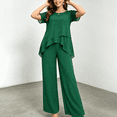 thumbnail image 2 of Morttic Women's Solid Color Chiffon 2 Piece Set – Short Sleeve Top with Asymmetrical Hem & Straight Leg Pants Casual Home Wear Green，S, 2 of 6