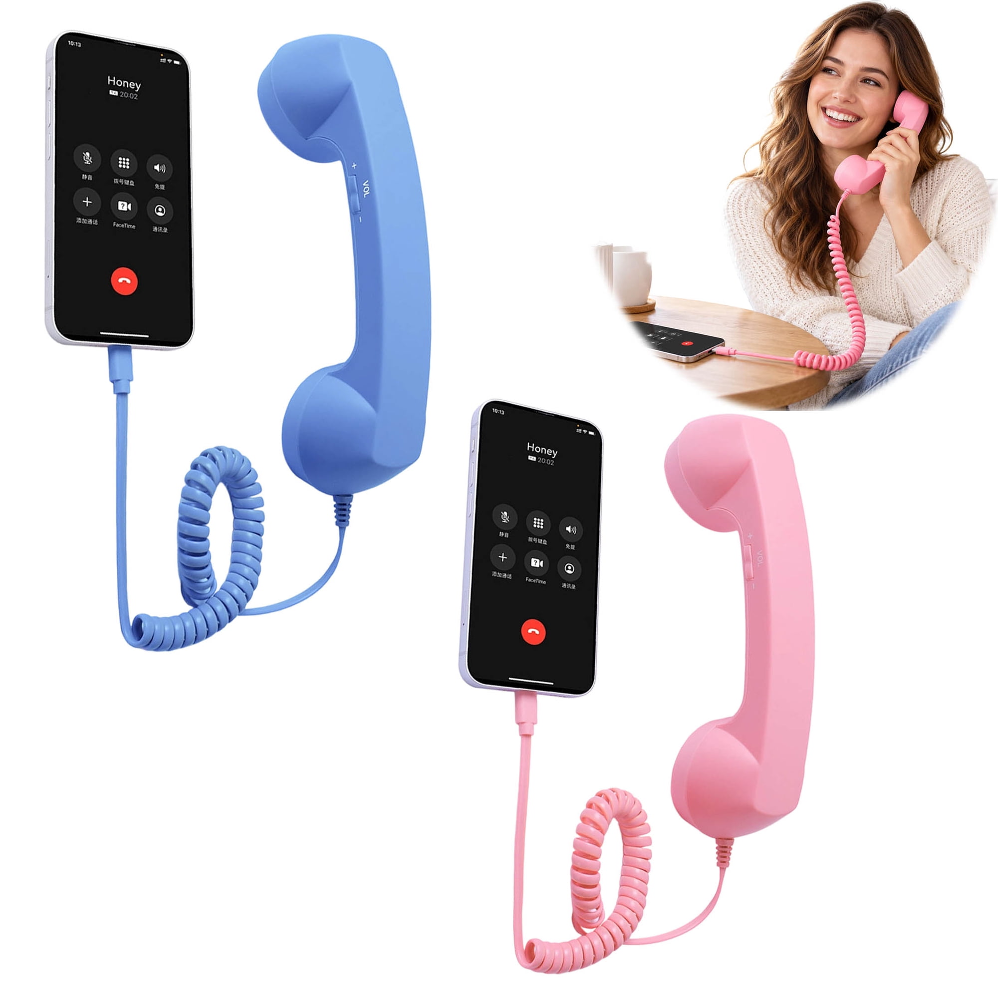 2-Pack Retro Phone Handset for iPhone, Type-C Wired Vintage Telephone Receiver with Volume Control and Ergonomic Grip, Christmas Gift for Smartphone Users
