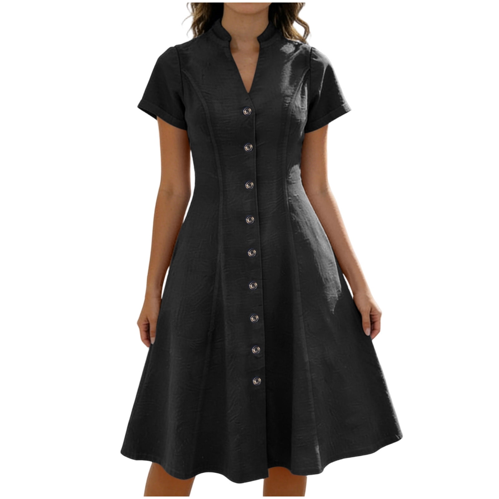 Fewfanhot Dresses for Women Elegant Classy Summer Fit and Flare Swing Cotton Dress Casual V-Neck Button Down Beach Midi Dress