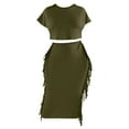 thumbnail image 5 of ZAZYULZ Women's Solid Color Tassel Round Neck Short Sleeve Long Skirt Set(Green,S), 5 of 6