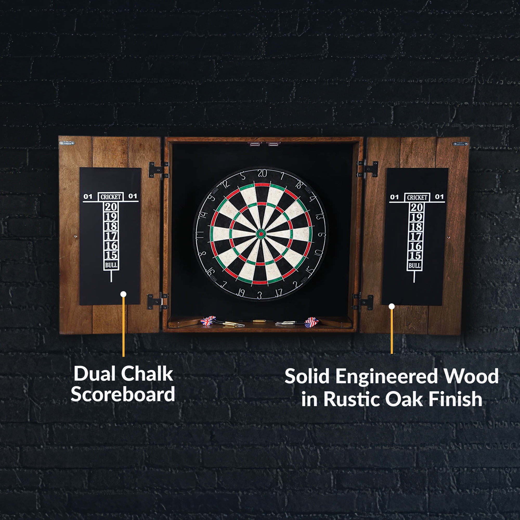 Hathaway Drifter Solid Wood Dartboard and Cabinet Set, Rustic Oak, 44 lb