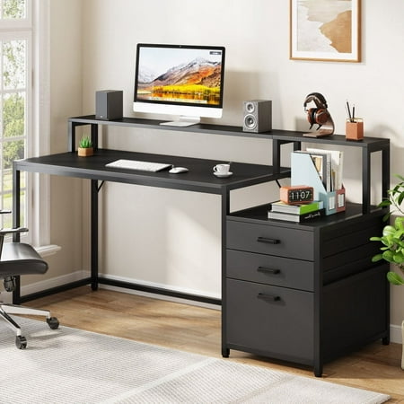 Tribesigns 63 Inch Computer Desk with File Drawer Cabinet Ergonomic Office Desk with Monitor Stand Computer Table with Printer Space Wood PC Table Workstation Desk for Home Office
