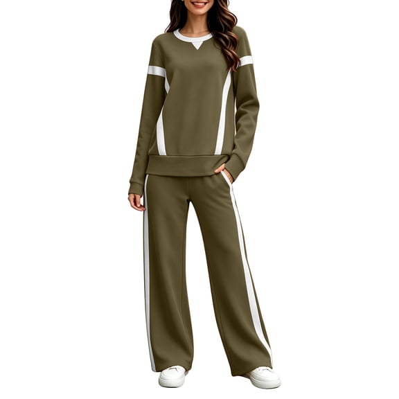 Inleife Women Color Block Tracksuit 2 Piece Outfit Set, Long Sleeve Crew Neck Sweatshirt & Wide Leg Pants With Pockets, Casual Loungewear Sports Suit