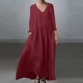 thumbnail image 2 of MIUOWANP Vacation Dresses for Women 2024 Womens Spring And Summer V-Neck Solid Cotton And Linen Casual Pocket Long Sleeved Dress On Sale,Size L Wine, 2 of 7