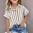 thumbnail image 2 of Glisme T-shirts for Girls Striped Print Shirt Short Sleeve Lapel Neck Shirts Summer Lightweight Girl Top Size 7-8 Years Brown, 2 of 5