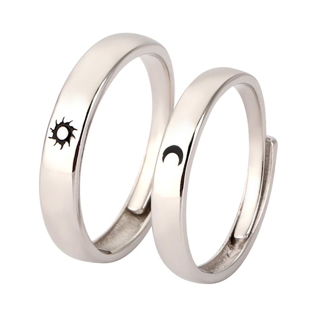 Couple Rings Fashion Sun Moon Star Couple Ring Adjustable Ring Jewelry featuring a pair of unisex adjustable rings with a polished silver-tone finish. One ring displays a sun motif, while the other features a crescent moon design. These fine jewelry rings are suitable for romantic occasions such as engagements.