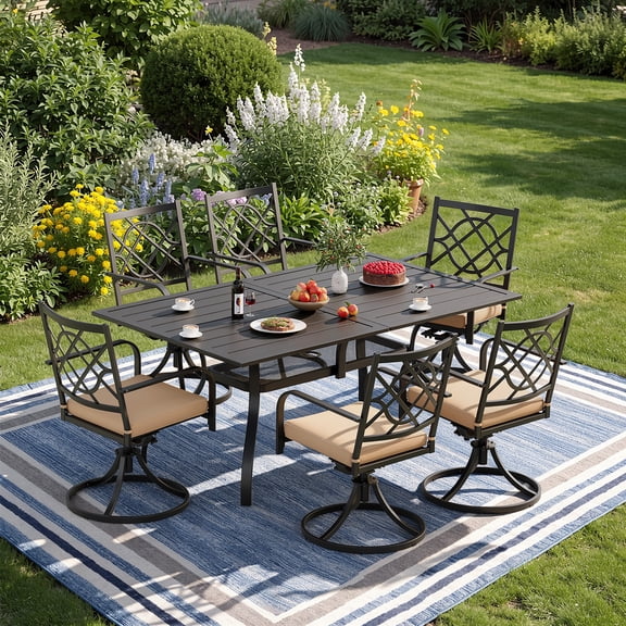 SUNCROWN 7-Piece Outdoor Dining Set Metal Swivel Cushioned Chairs Patio Furniture Sets with Steel Slat Bistro Table for Backyard, Lawn, Garden