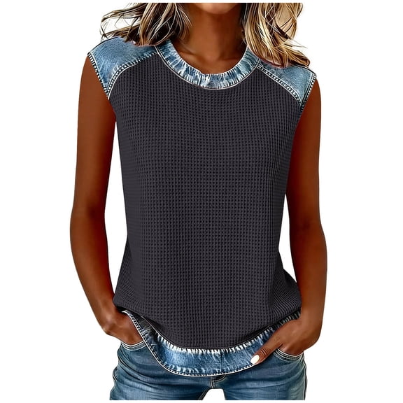 Bosfbaoi Tank Tops for Women Waffle Knit Denim Trim Sleeveless Tops Crew Neck Casual Relaxed Fit Shirts for Summer Weekend and Street Style