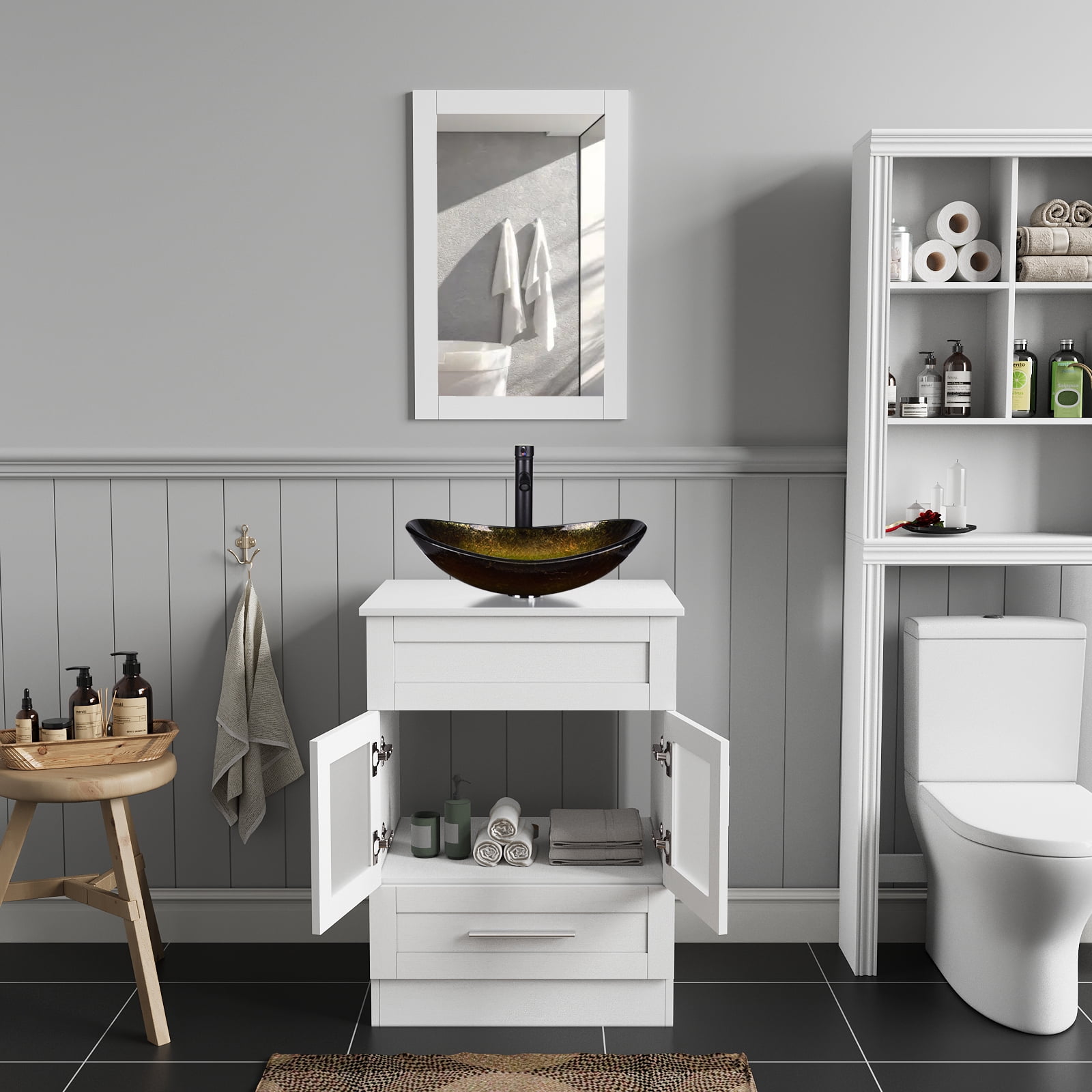 ELECWISH 24-Inch Bathroom Vanity in White with Mirror and Vessel Sink Set, Modern Stand Pedestal Cabinet with Glass Sink Set