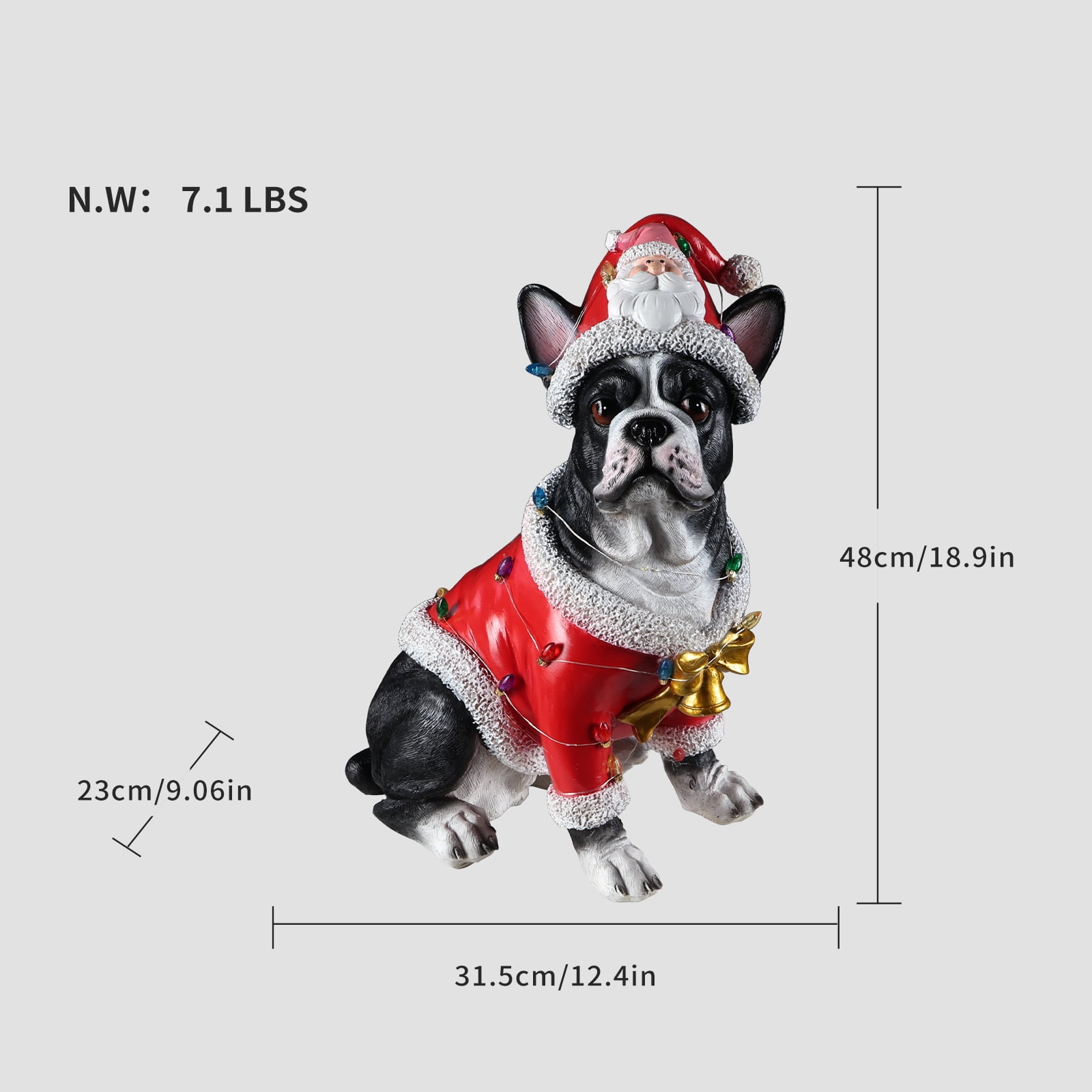 French Bulldog Santa Outfit Christmas Dog Statue with Santa Hat Bulb Accents Holiday Tabletop Decor