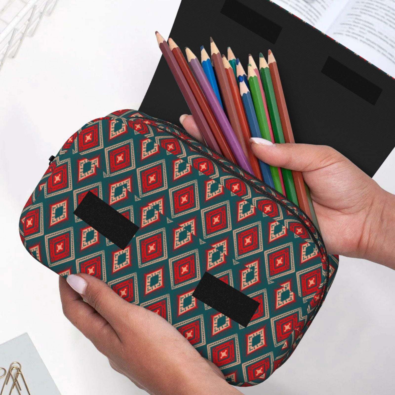 Rateoe Red And Orange On Blue Teal Pattern Double Clamshell Pen Case, Storage Organizer with Two Zipper Compartments– Holds Up to 50 Pencils & Pens