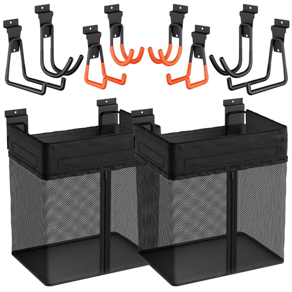 INCLY 10PCS Slatwall Accessories Kit, 2 Pack Large Mesh Slatwall Baskets with Zipper & 8PCS Heavy Duty Slat Wall Hooks, Mounted Slat Wall Accessory for Garage Home Storage & Organizing