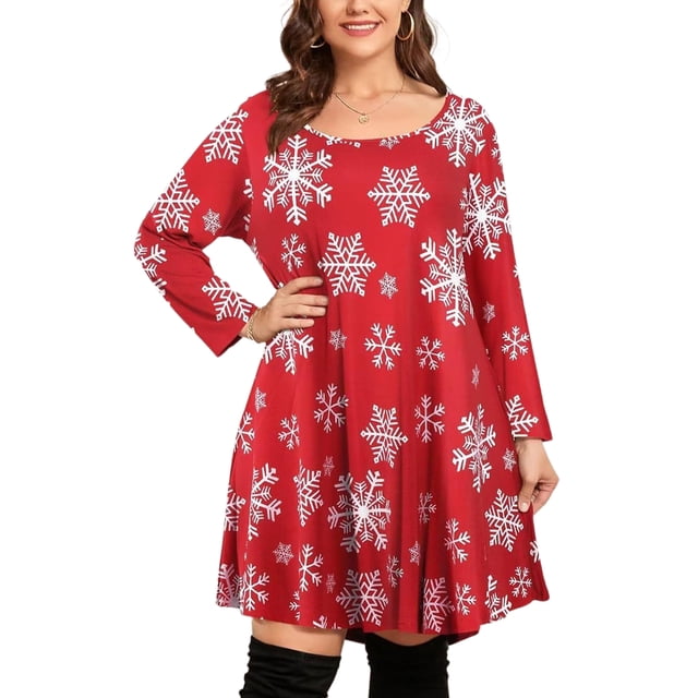 Bellella Robe de Noël pour Femmes Grande Taille Imprimé Flocon de Neige Robe de Noël Longueur Genou Manches Longues Col Rond Ample Élément B TG