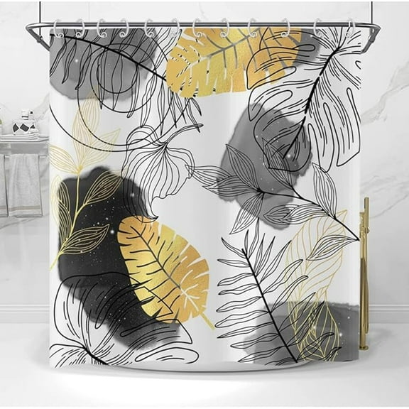 Black Boho Chic Shower Curtain, Abstract Aesthetic Tropical Leaf With Gold Botanical Branch Modern Bathroom Curtain For Bathtub Home Decor Waterproof Fabric Machine Washable 36"W x 72"L