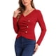 thumbnail image 4 of INSPIRAR CHIC Blusas de punto con botones decorativos y cuello en V arrugado para mujeres, color rojo, 4 of 5