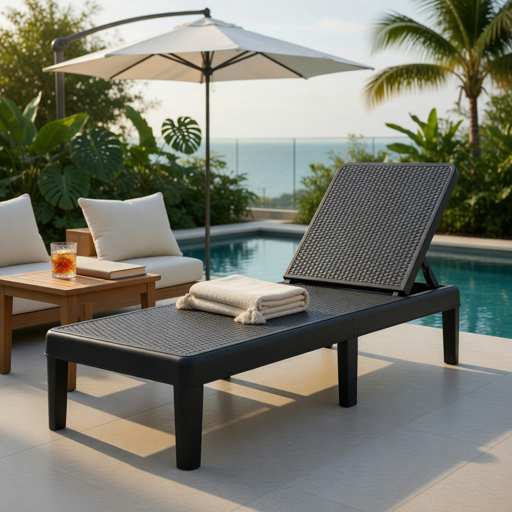 Hommoo Outdoor Chaise Lounge Chair, Adjustable 4-Position Backrest, Waterproof Faux Rattan PP Surface, for Patio, Poolside, or Deck, Black