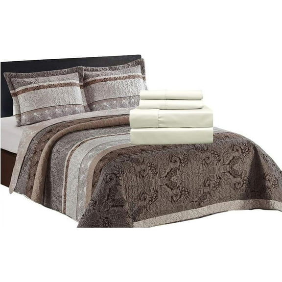 sheetsnthings 7PC King Size Bedding Set- Callisto Taupe Lightweight Quilt with Solid Ivory Microfiber Bed Sheets