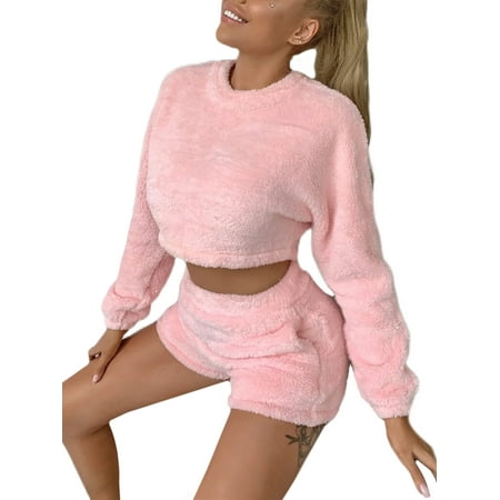

Niuer Womens Cozy Solid Sleepwear Ladies Soft Two Pieces Outfits Round Neck Sport High Waist Casual Pajamas Sets Pink S