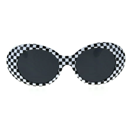 Womens Mod White Checker Groovy Oval Thick Plastic Round Sunglasses