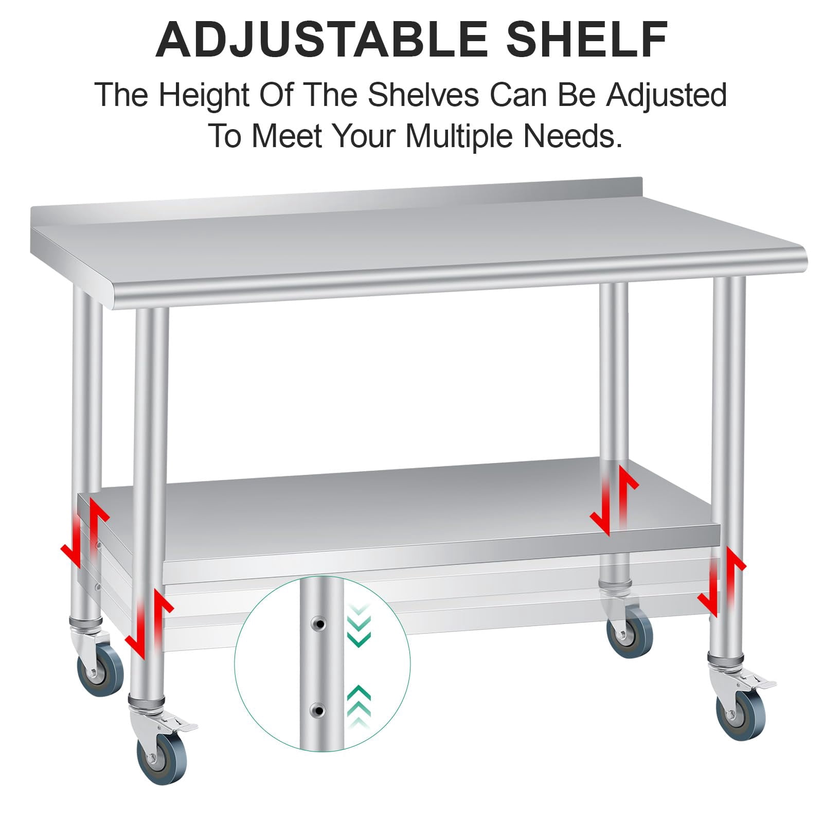 Stainless Steel Prep Table, 60 x 24 in, with Backsplash, Adjustable Undershelf and 4 Caster Wheels, Commercial Heavy Duty Table with Adjustable Under Shelf for Outdoor Use,Restaurants,Hotels,Works