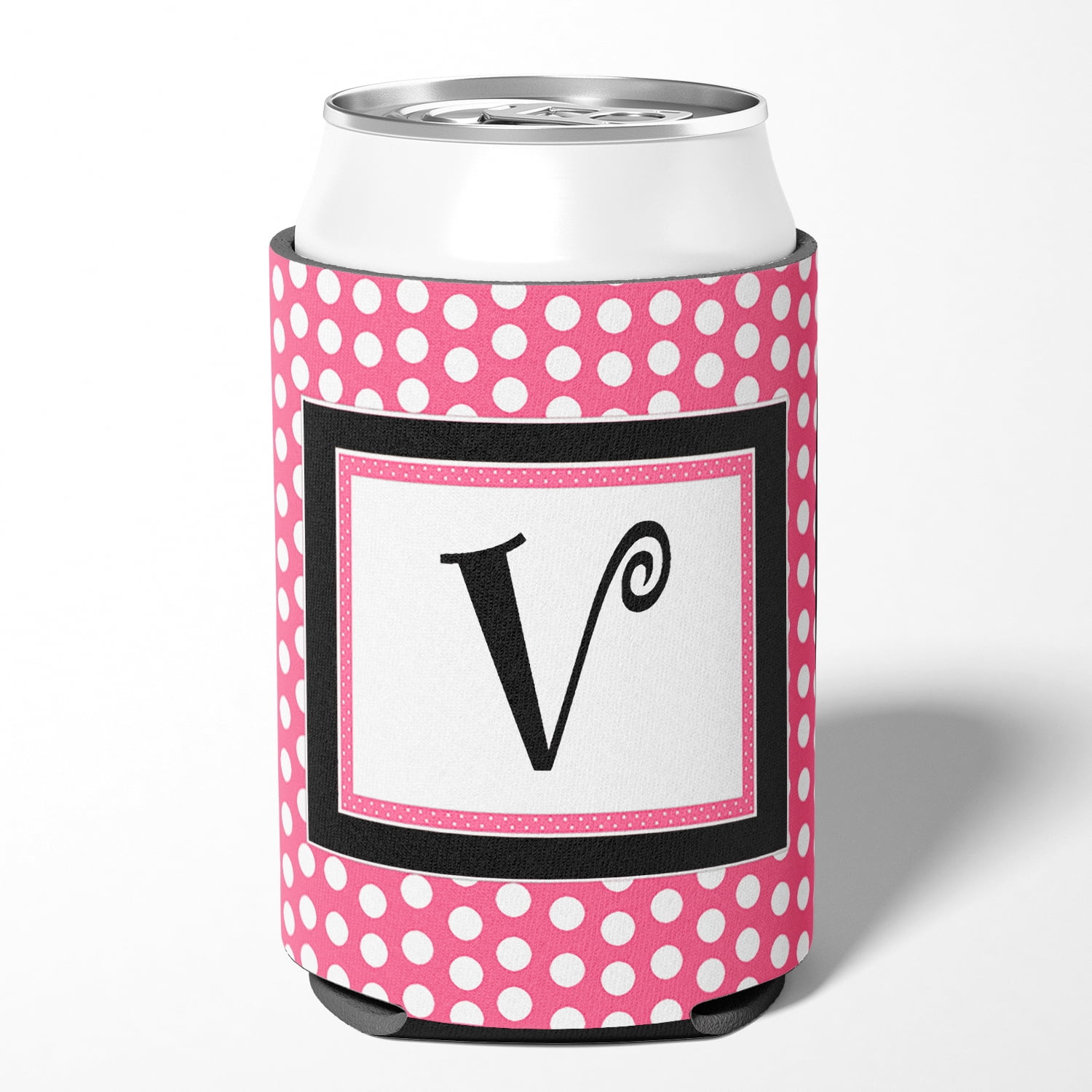 Letter V Monogram - Pink Black Polka Dots Can or Bottle Hugger