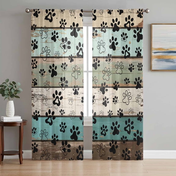 Sage Green Brown Paw Prints Sheer Curtains 72 Inch Length 2 Panels Set, Vintage Farmhouse Wooden Grain Voile Window Treatment Curtains Sheers Drapes for Bedroom/Living Room/Kitchen 52"x72"x2