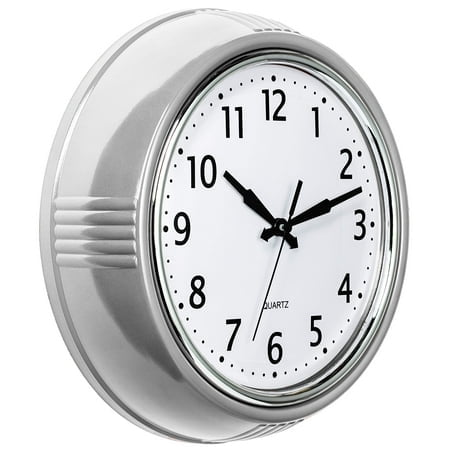 Bernhard Products Retro Wall Clock 12 Inch Silver Kitchen 50's Vintage Design Round Silent Non Ticking Quality Quartz Battery Operated for Home/Office/Kitchen/Living Room/School Classroom