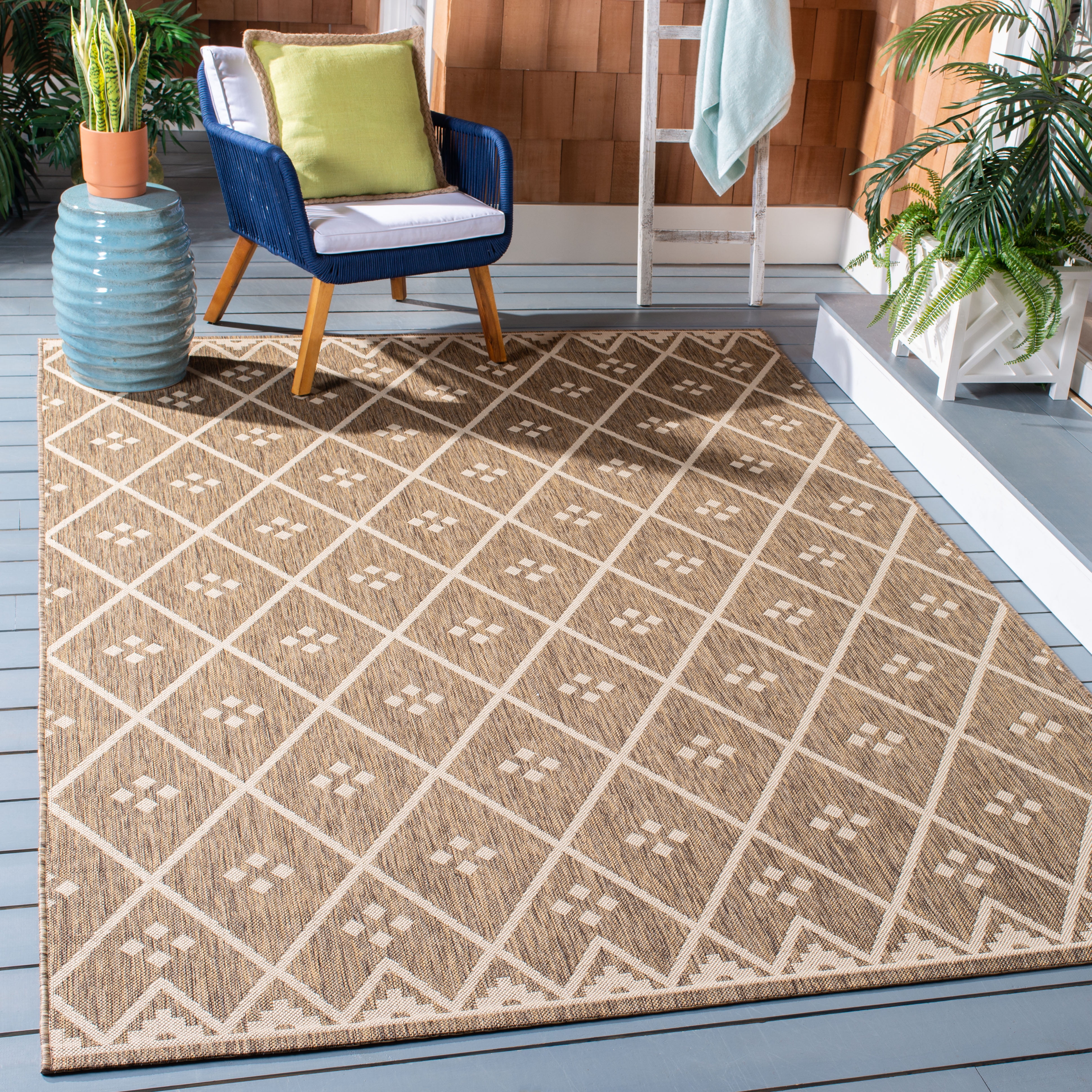 SAFAVIEH Courtyard Cori Bordered Indoor/Outdoor Area Rug, Brown/Light Beige, 9' x 12'
