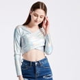 thumbnail image 5 of Fashion Glossy V Neck Crosses Wrap Long Sleeve Crop Top for Raves Parties Event Women Metallic Wetlook Bodycon T-Shirt, 5 of 9