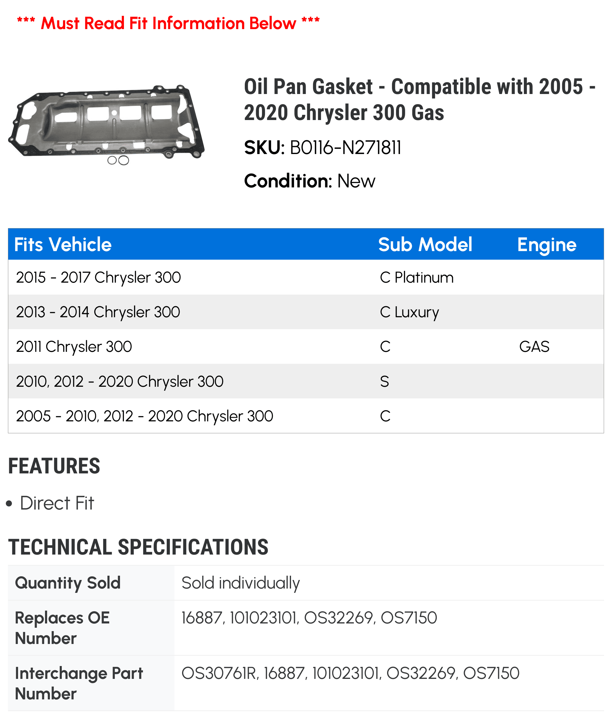 Oil Pan Gasket - Compatible with 2005 - 2020 Chrysler 300 Gas 2006 2007 2008 2009 2010 2011 2012 2013 2014 2015 2016 2017 2018 2019