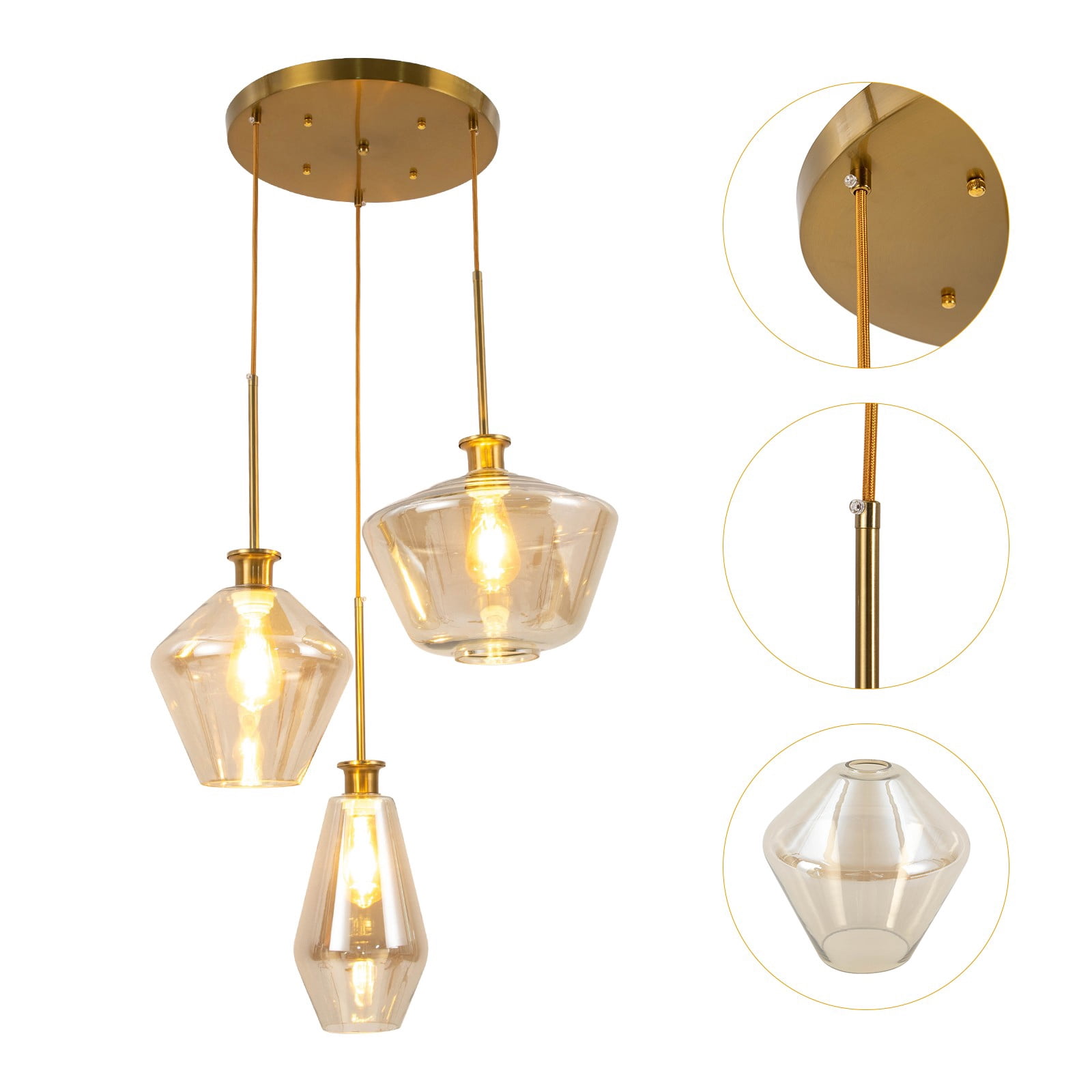Champagne Gold Glass 3 Heads Hanging Pendant Light Flush Mount Ceiling Light Fixture Modern Glass Lamp Chandelier for Home Kitchen Hotel Coffee Bar Dining Room