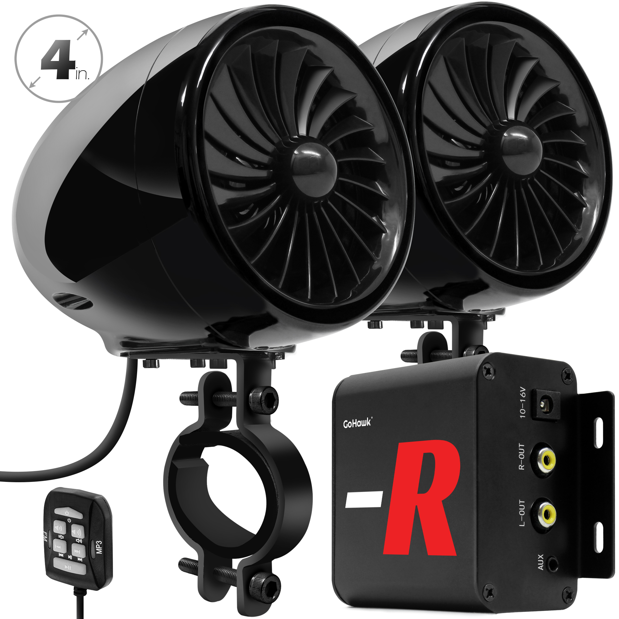 GoHawk TJ4-R 4" Waterproof Motorcycle Bluetooth Stereo Speakers Amplifier Audio System Harley Touring Cruiser ATV 4-Wheeler FM Radio