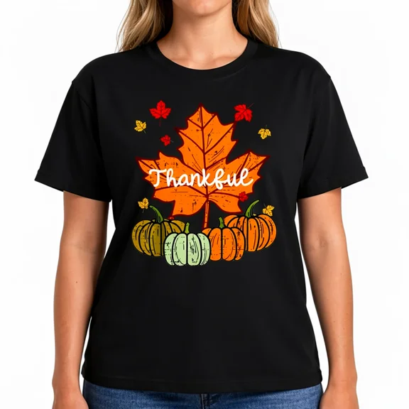 Women's Thankful Pumpkin Graphic T-Shirt, Maple Leaf Cotton Crew Neck Casual Thanksgiving Tee