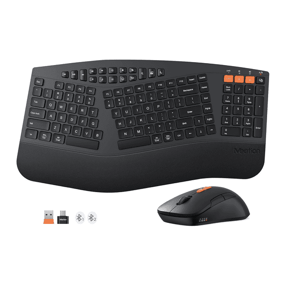 Meetion DirectorB2 Ergonomic Wireless Split Design USB-C Computer Keyboard & Mouse Sets with Cushioned Palm Rest, black
