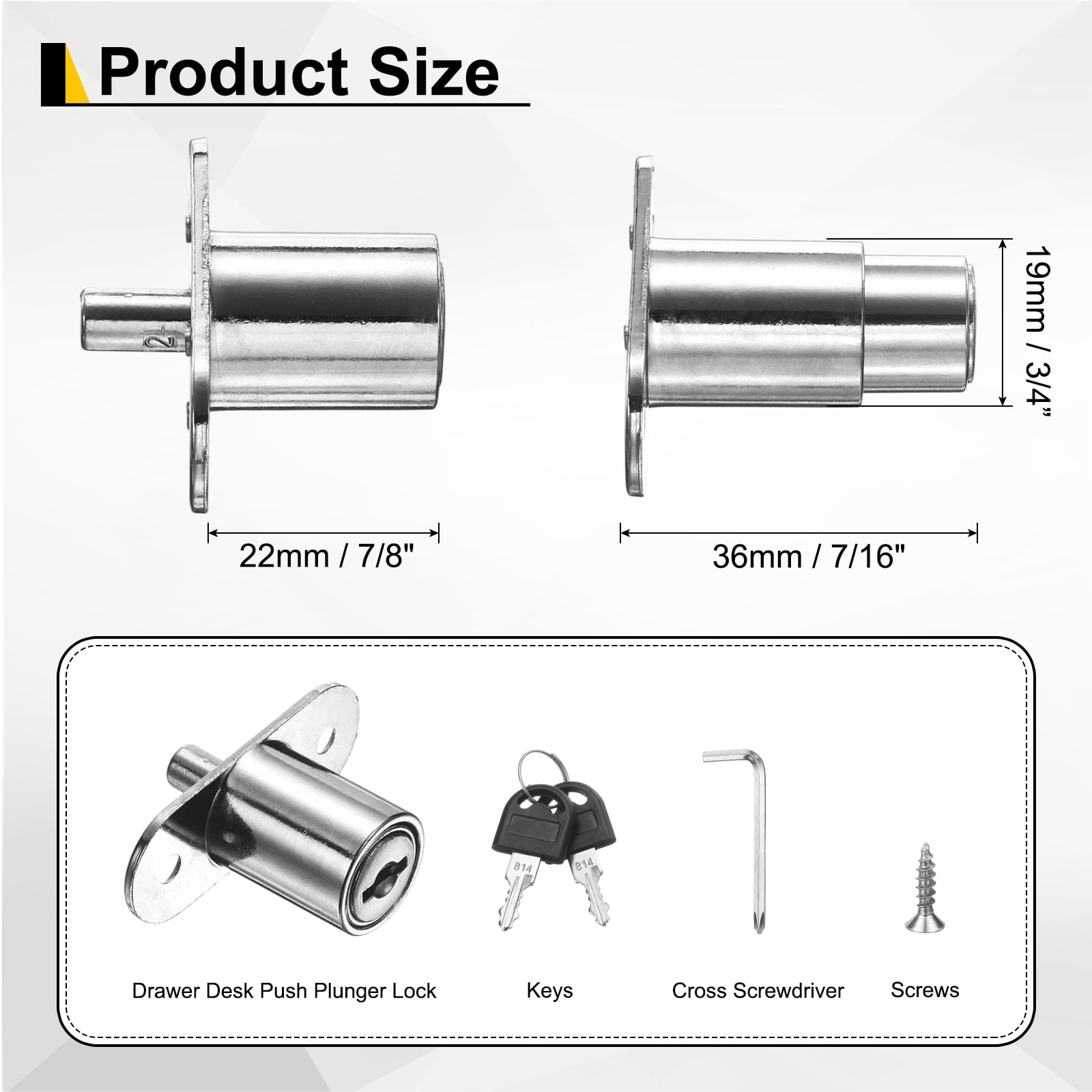 Uxcell Drawer Desk Push Plunger Lock, 6Pcs 7/8" Cylinder Diameter 1-7/16" Cylinder Length Zinc Alloy Sliding Cabinet Locks with Cross Screwdriver Keyed for Wardrobe Drawers, Silver