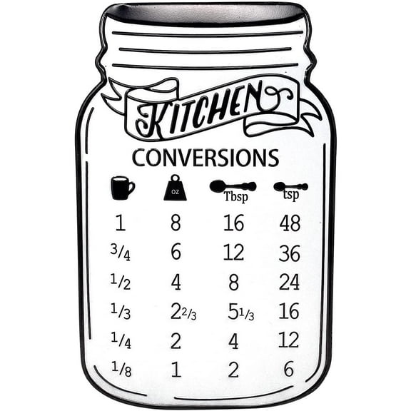 Kitchen Conversions Chart Metal Wall Accessory Large Jar Shape / Cups-OZ-Tbsp-Tsp / 16" x 10" Black