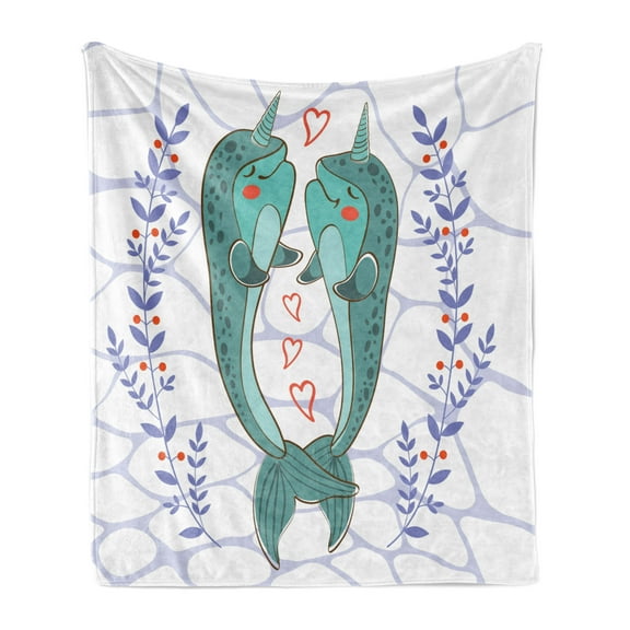 Narwhal Soft Flannel Fleece Throw Blanket, Valenties Day Themed Illustration with Colorful Whales in Love Aquatic Adoration, Cozy Plush for Indoor and Outdoor Use, 60" x 80", Multicolor, by Ambesonne